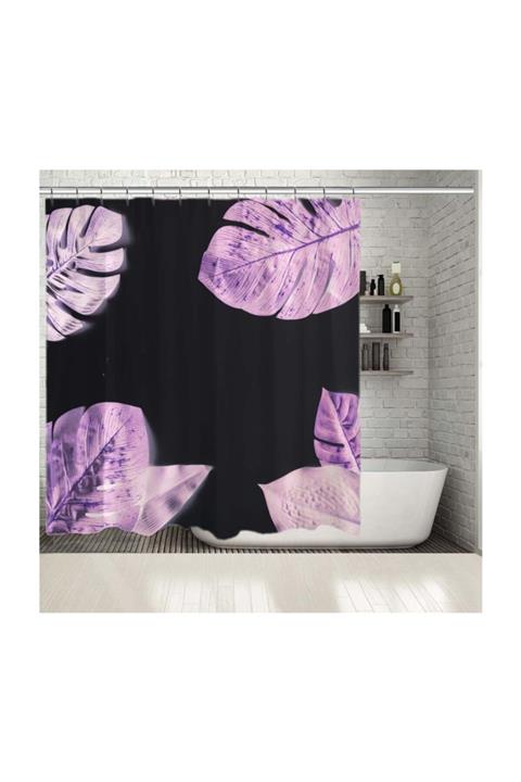 Henge Home Baskılı Duş Perde Tropikal Yaprak Desenli Mor