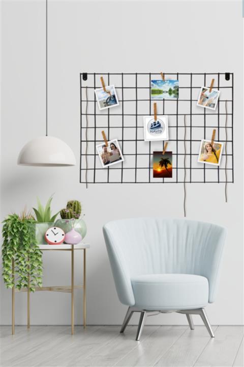 Navis Home Fotoğraf Askılığı Tel Duvar Panosu Metal Pano Fotoğraf Çerçeve Askılık Notluk Anı Çerçevesi -siyah