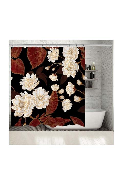 Henge Home Baskılı Duş Perde Beyaz Gül Desenli Bordo Siyah