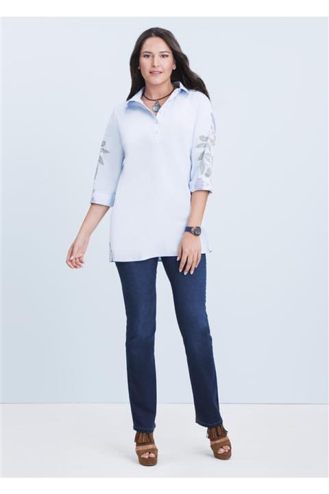 Even Plus Size  Büyük Beden Kadın Giyim Kadın Mavi Çiçek Baskılı Büyük Beden Gömlek