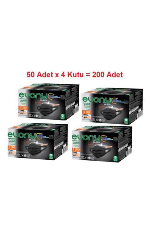 Evony Siyah 3 Katlı Filtreli Burun Telli Cerrahi Maske 200 Adet