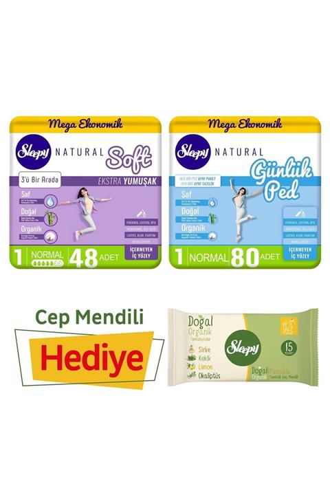 Sleepy Natural Soft Normal Hijyenik Ped 48'Li Günlük Ped Normal 80’Li - Cep Mendili Hediyeli