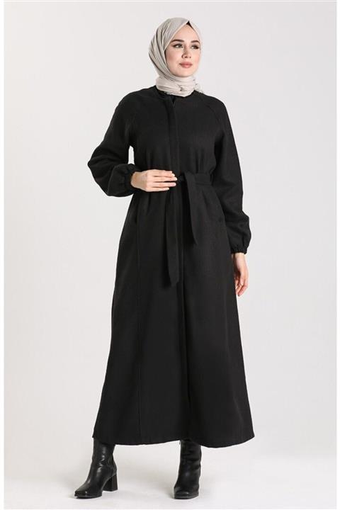 Vivezza Reglan Kol Kaşe Uzun Astarlı Manto 6869-01 Siyah