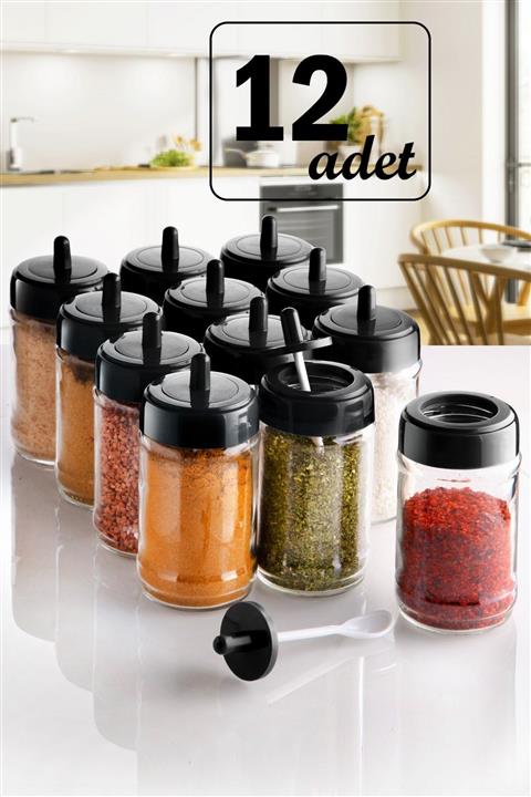Kitchen Life 12 Adet Kapağı Kendinden Kaşıklı Baharatlık Seti - (300 ML) Cam Kavanoz
