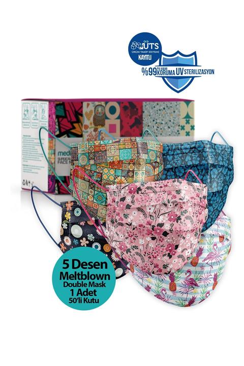 Medizer Mouds Serisi 3 Meltblown Kumaş 3 Katlı Ultrasonik Cerrahi Ağız Maskesi 5 Desen -telli 50 Adet