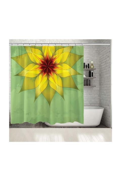 Henge Home Baskılı Duş Perde Yeşil Arka Plan Sarı Çiçekli