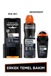 L'Oreal Paris Men Expert Erkek Temel Bakım Seti Total Clean Kömürlü Duş Jeli 300 Ml + Carbon Protect Deodorant + Roll On