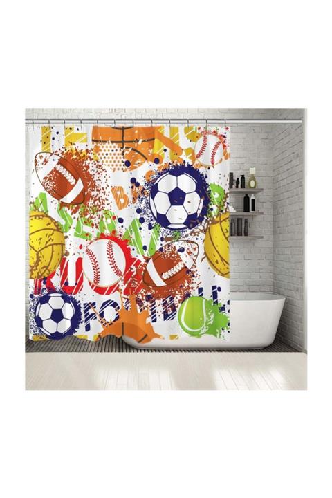 Henge Home Baskılı Duş Perde Renkli Top Yazı Deseni Mor Kırmızı Sarı