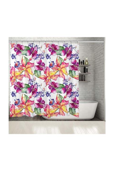 Henge Home Baskılı Duş Perde Sulu Boya Etkili Mor Orkide Desenli