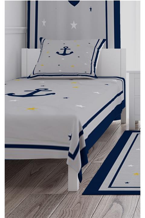 CİCİ TASARIM ÜRÜNLERİ Yatak Örtüsü Denizci Çapa ,sarımavi Yıldızlar + Yastık Kılıfı Hediye
