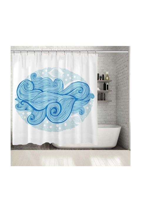 Henge Home Baskılı Duş Perde Dalga Desenli Mavi Beyaz