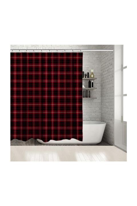 Henge Home Baskılı Duş Perde Bordo Siyah İnce Beyaz Çizgili Tartan Ekose Desen