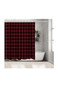 Henge Home Baskılı Duş Perde Bordo Siyah İnce Beyaz Çizgili Tartan Ekose Desen