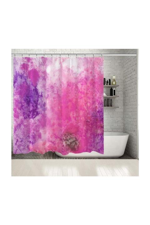 Henge Home Baskılı Duş Perde Sulu Boya Efektli Mor Pembe Batikli