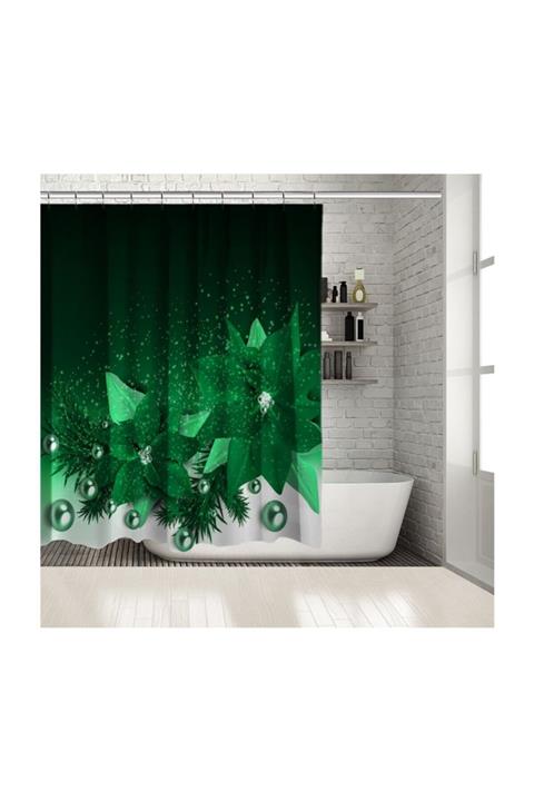 Henge Home Baskılı Duş Perde Noel İnciler Köknar Dalları Yılbaşı Yeşil Kar Taneleri Desenli