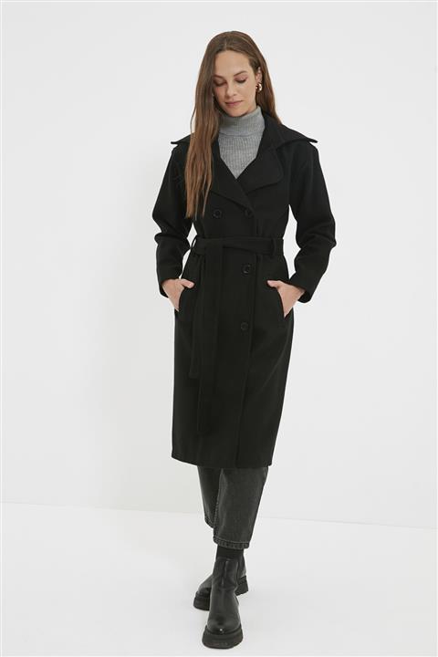 Trendyol Modest Siyah Ceket YakaKuşaklı Astarlı Kaban TCTAW22AB0002