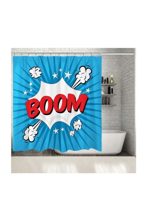 Henge Home Baskılı Duş Perde Popart Boom Deseni Mavi