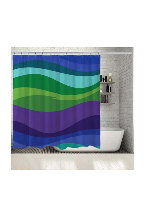 Henge Home Baskılı Duş Perde Rengarenk Dalgalı Desenli Mavi Yeşil Mor