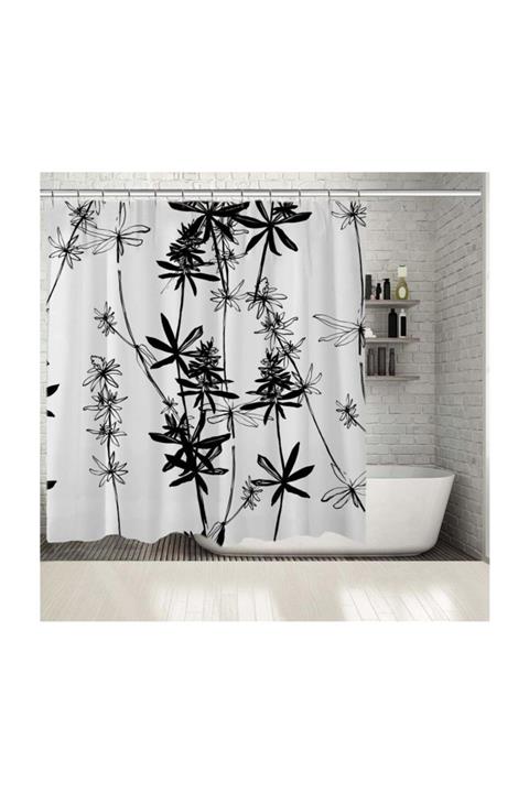 Henge Home Baskılı Duş Perde Parlak Botanik Siyah Siluet Desenli