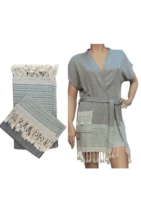 Peştemalcı Levent Siyah Plaj Elbisesi+ Peştamal+Peşkir 3'lü Plaj Havuz Kenarı Seti