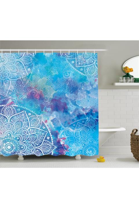 Orange Venue Çiçekli Duş Perdesi Mavi Mandala Desenli