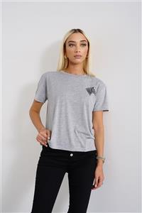 PushOver Kadın Gri Zebra Nakışlı Crop T-shirt 4008