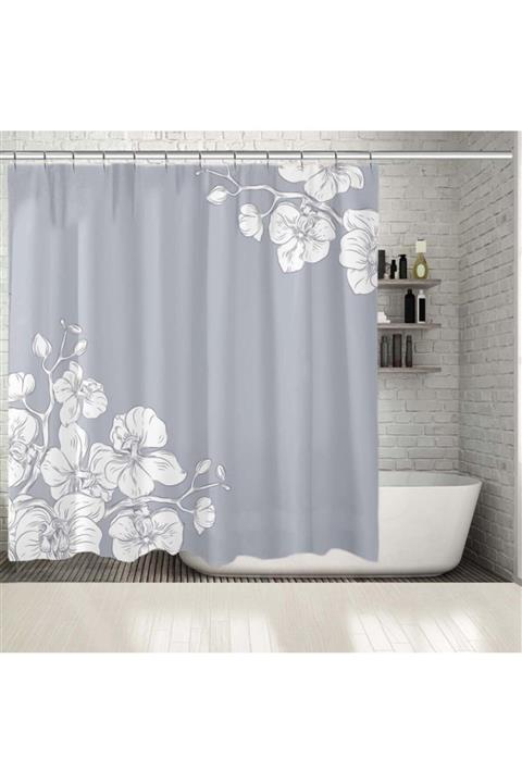 Henge Home Baskılı Duş Perde Tropikal Yaprak Çiçek Desenli Yeşil