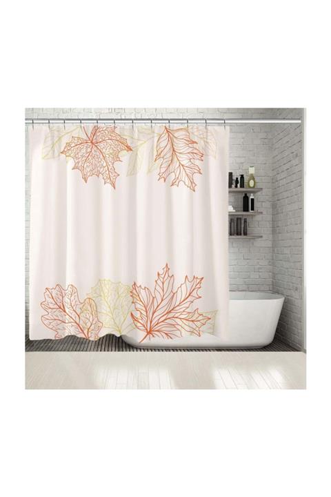 Henge Home Baskılı Duş Perde Yeşil Ve Turuncu Yaprak Desenli