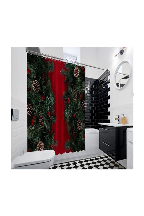 Henge Home Kırmızı Zemin Üzerine Noel Yılbaşı Kozalak Çam Dalları Duşperdesi
