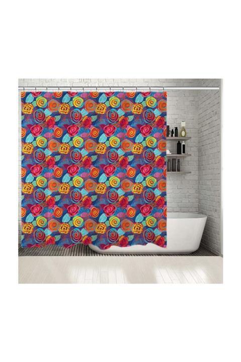 Henge Home Baskılı Duş Perde Renkli Gül Deseni Turuncu Sarı Mavi