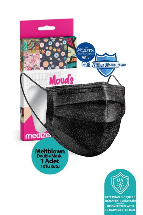 Medizer Siyah Yüzler Desenli Meltblown Ultrasonik 3 Katlı Cerrahi Maske 10'lu 1 Kutu - Burun Telli