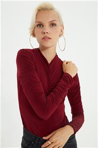 TRENDYOLMİLLA Bordo Büzgülü Çıtçıtlı Örme Body TWOAW20BD0052