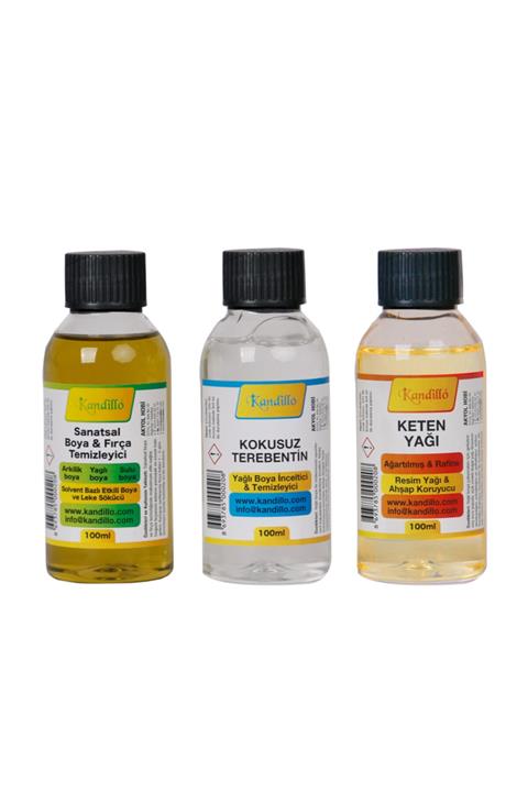 Kandillo Yağlı Boya Seti Yardımcı Malzemeler 3 X 100 Ml Terebentin Resim Keten Yağı Ve Fırça Temizleme Sıvısı