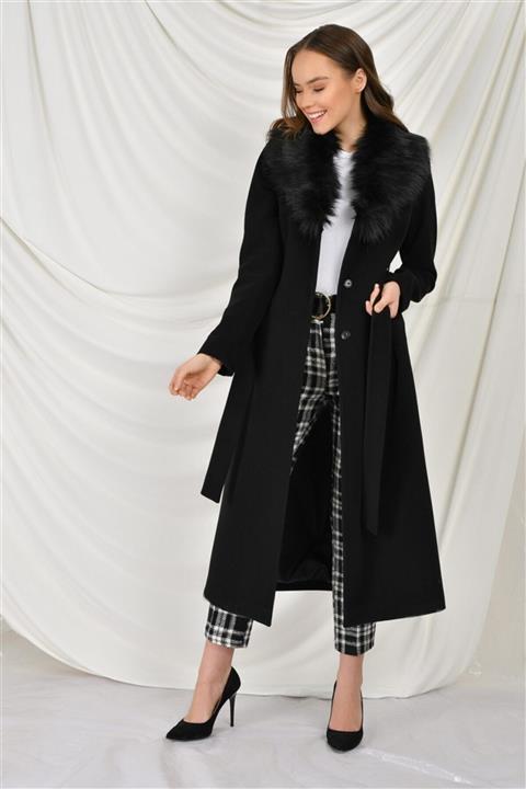 Concept. Yakası Kürklü Beli Bağlamalı Ara Boy Kaban Siyah 3397