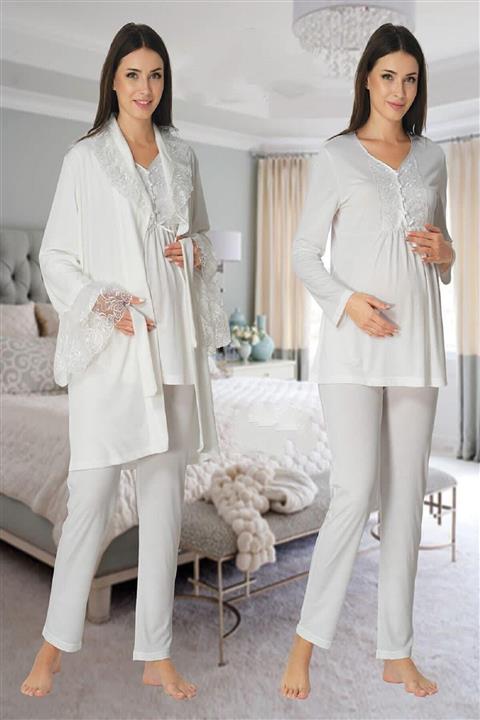 Effort Pijama Kadın Beyaz Kadife Sabahlıklı Lohusa Hamile Pijama Takımı 8088