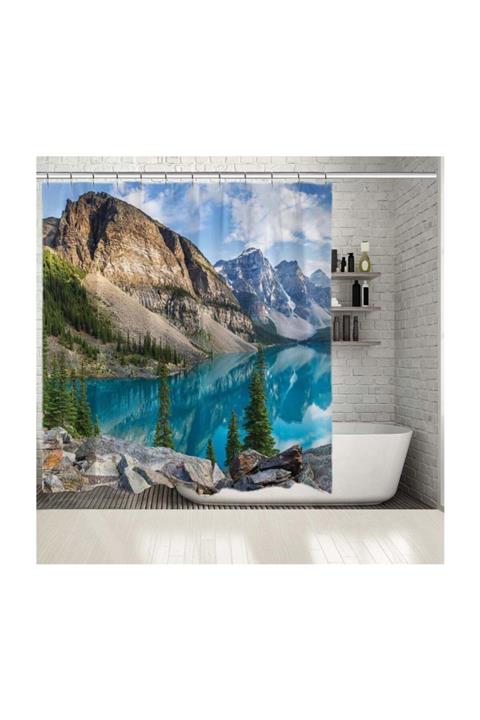 Henge Home Baskılı Duş Perde Doğa Manzaralı Dağ Mavi Göl Deseni