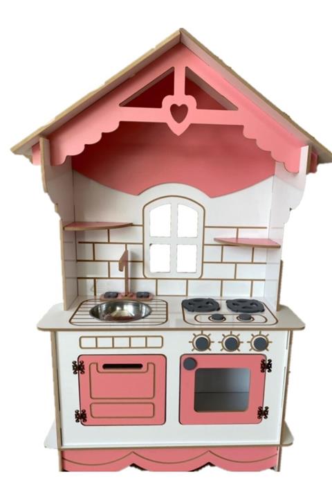 BKM MOBİLYA Dekoratif Doğal Ahşap Eğitici Kız Çocuk Mutfak Seti Pembe