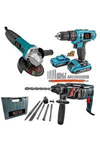 Jetta Power Tools Süper Set 1000w Taşlama, Çift Akülü Matkap 800w Hilti Hediyeli Set Matkap Seti 3lü