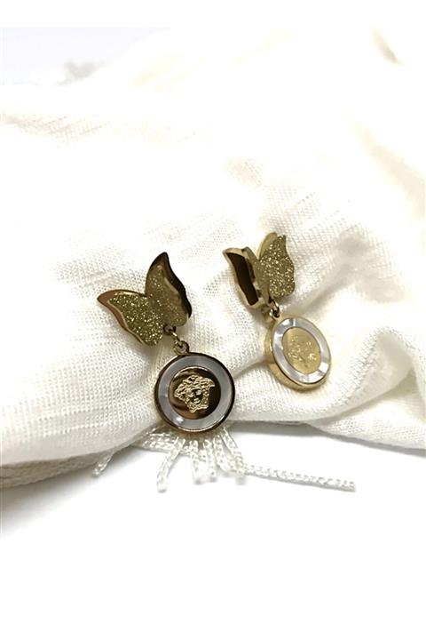 GLARE JEWELRY Gold Simli Kelebek Model Zirkonyum Sedef Renk Taş Çelik Küpe