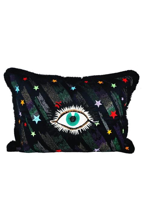 Sade New York Göz Nakışlı Kayan Yıldızlar Işlemeli Kadife Dikdörtgen Yastık