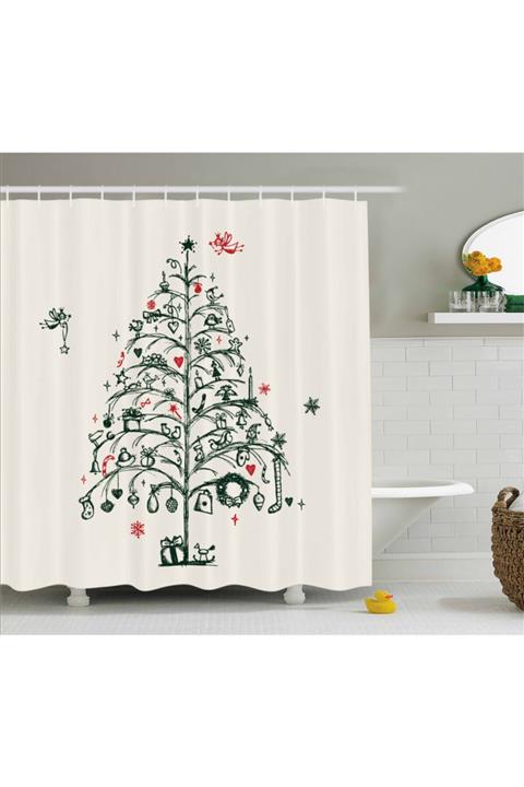 Orange Venue Yılbaşı Duş Perdesi Siyah Yılbaşı Ağacı Rengirenk