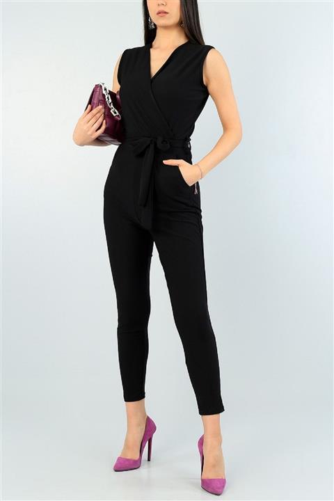 lovebox Esnek Kumaş Kuşak Detaylı Kolsuz Siyah Abiye Tulum 61100