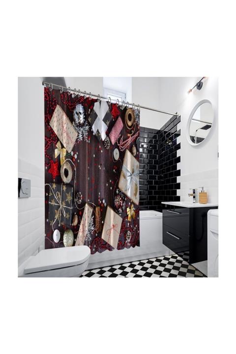 Henge Home Kırmızı Noel Yılbaşı Süsleri Hediyeler Parlak Yıldız Çerçeveli Duşperdesi