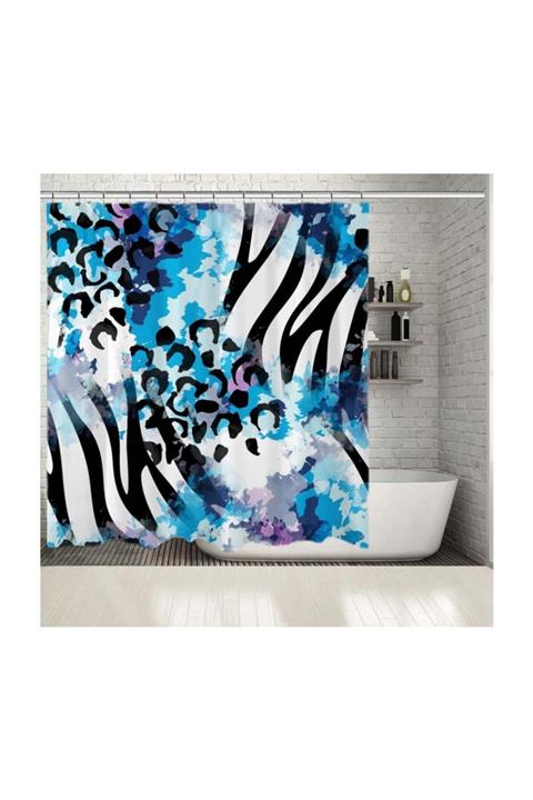 Henge Home Baskılı Duş Perde Mavi Suluboya Etkili Leopar Zebra Desenli