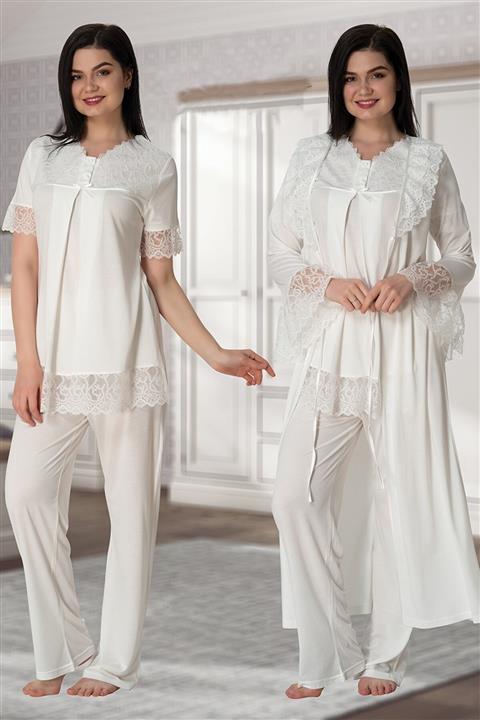 Effort Pijama Ekru Kolları Güpürlü Sabahlıklı Lohusa Pijama Takımı 5044
