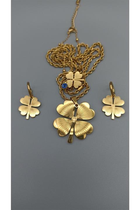 Suffa Kadın Yeni Moda Paslanmaz Kararmaz Altın Kaplama Yonca Takım Set Bleklik Kolye Küpe