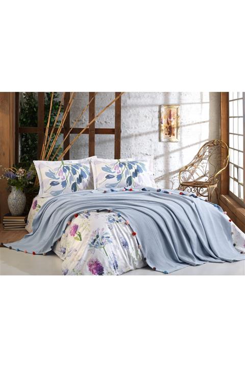 Dantela Pamuk Çift Kişilik Ponponlu Pike Takımı - Violet Mavi