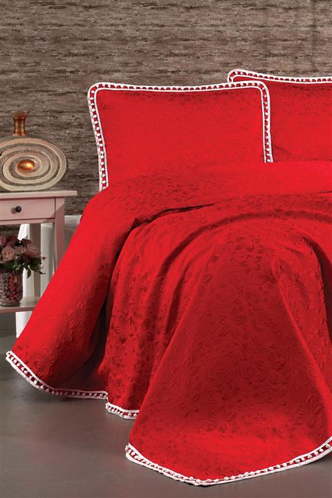 Evlen Home Begonvil Yatak Örtüsü 3 Parça Ponponlu Kırmızı