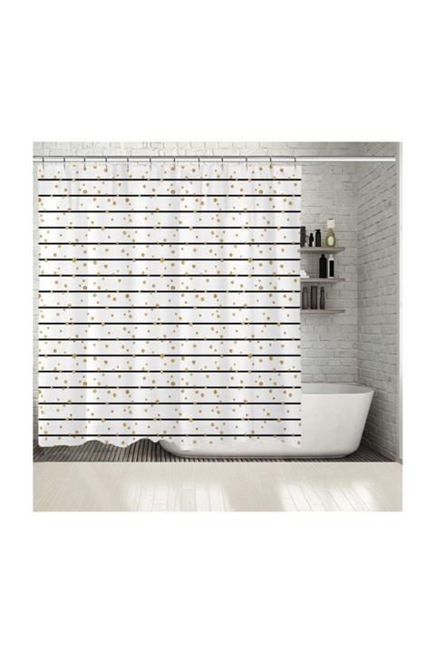 Henge Home Baskılı Duş Perde Parlak Altın Benekli Siyah Beyaz Dekoratif
