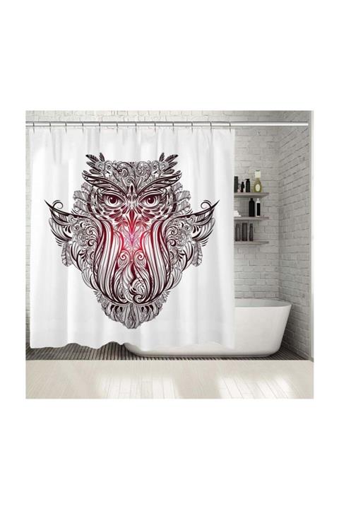 Henge Home Baskılı Duş Perde Elle Çizilmiş Baykuş Desenli Pembe